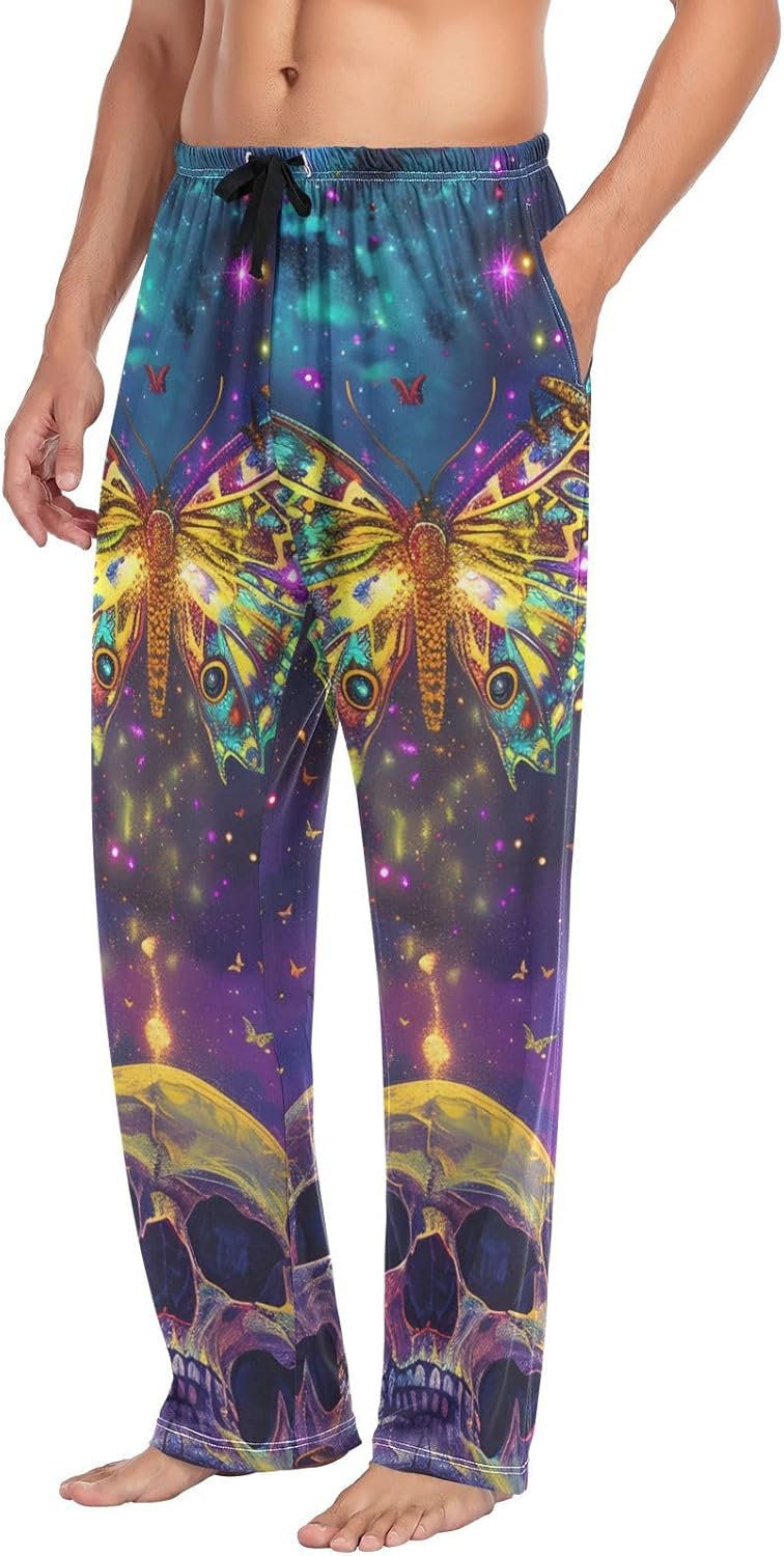 ALAZA Skull Betterfly Starry Sky Men's Sleepwear Mens Pajama Pants Bottoms with Pockets, S