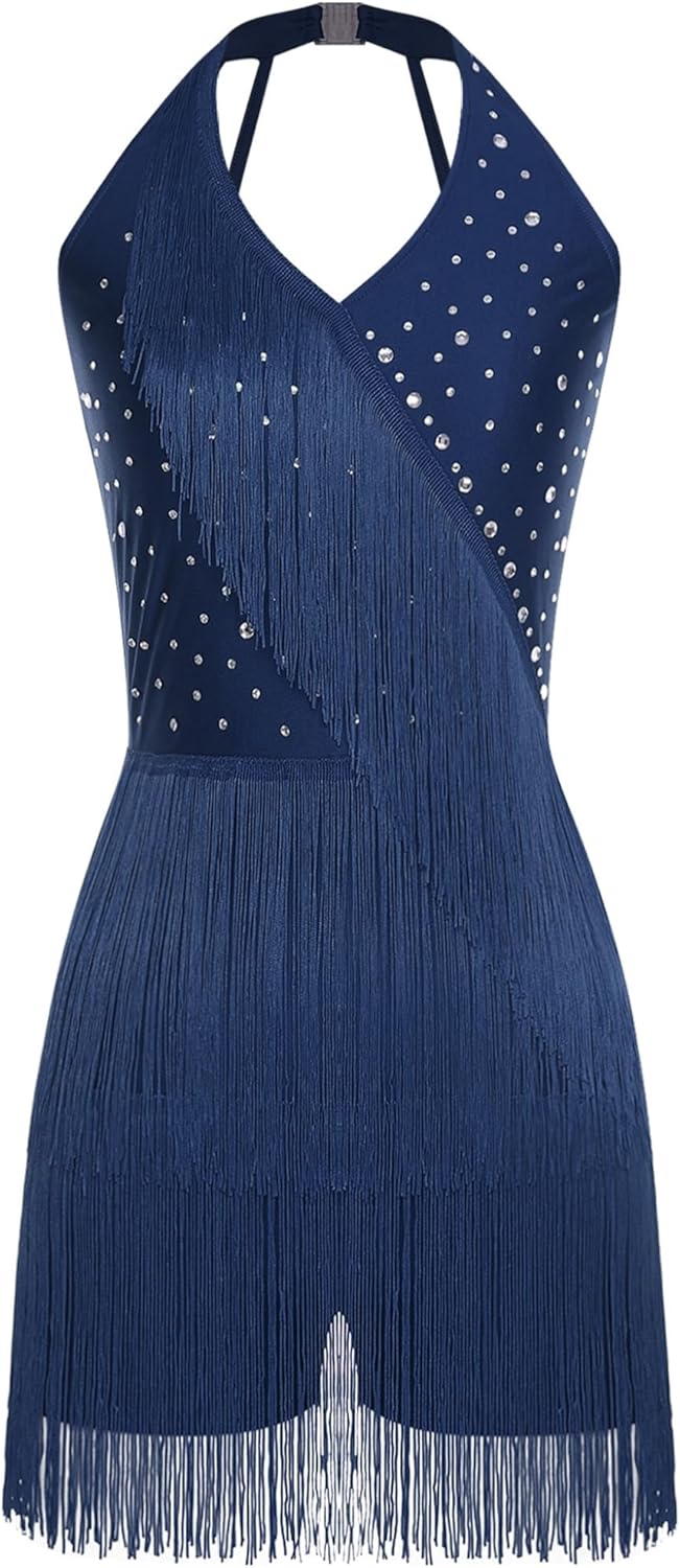 Women's Tiered Tassel Latin Dance Dress Sleeveless V Neck Sparkly Jazz Dance Dress for Performance