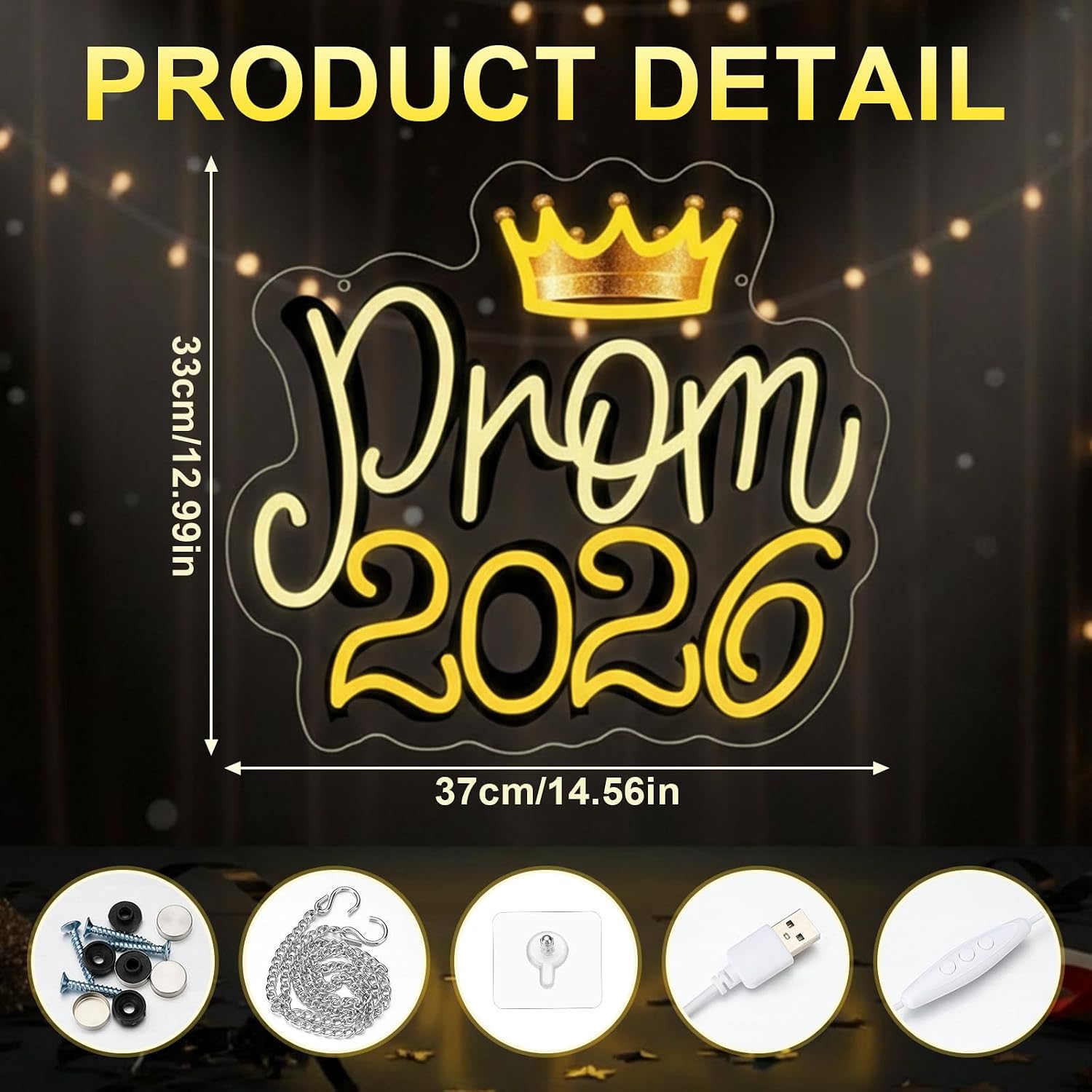 Baquler Light up Prom 2026 LED Neon Sign with Crown 15 x 13 Adjustable Hanging LED Light Sign for Photos Prom Party Class of 2026 Celebrations Graduation Gift for Dorm Backdrop Room Decor