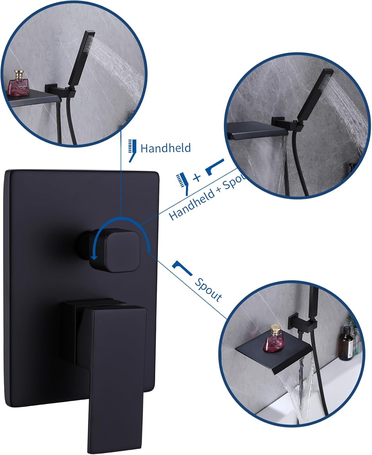 Taplong Wall Mount Bathtub Faucet with Waterfall Tub Spout Matte Black Tub Faucet Set Wall Mounted Tub Filler with Handheld Sprayer Solid Brass Single Handle Shower Faucet Set with Rough in Valve