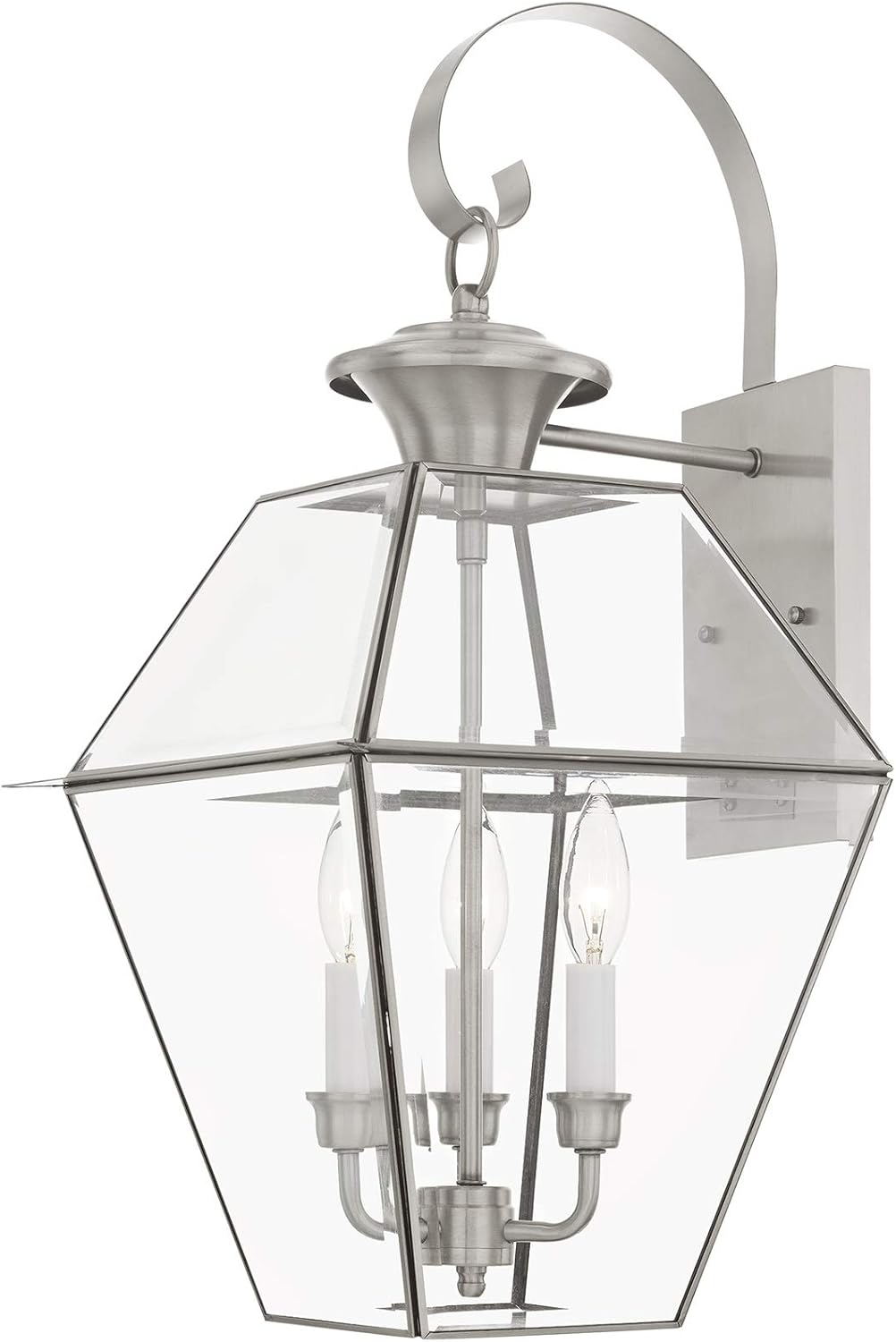 New Arrivals Livex Lighting 2381-91 Transitional Three Light Outdoor Wall Lantern from Westover Collection in Pwt, Nckl, B/S, Slvr. Finish, Brushed Nickel