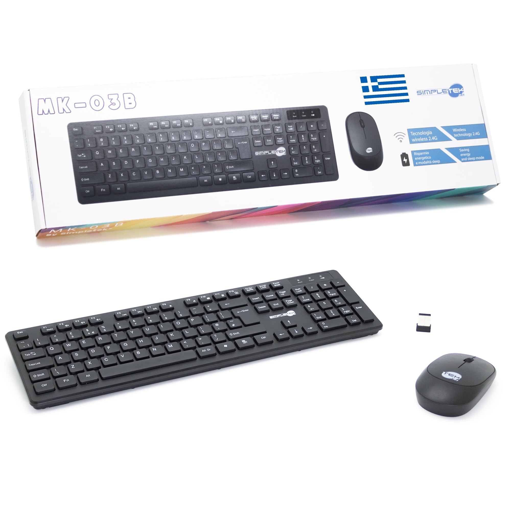 SIMPLETEK - Kit Mouse & Tastiera Wireless 2.4G Layout GR Greco | Greek Keyboard QWERTY con Tastierino Numerico Mouse Ergonomico 3 Tasti Ricevitore USB