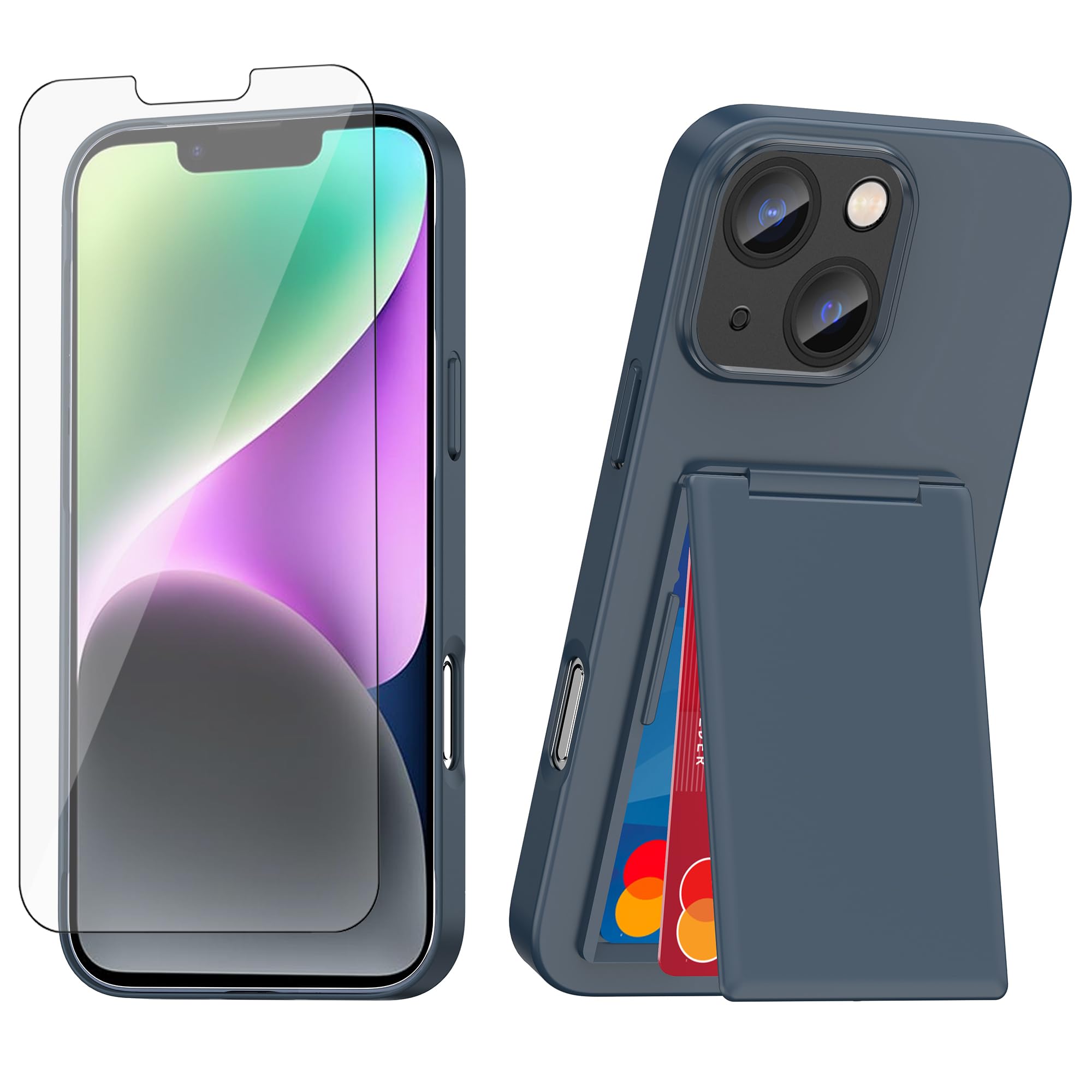 Asuwish Phone Case iPhone 14 Plus 6.7 inch Card Holder Slot Stand Tempered Glass Screen Protector Navy Blue