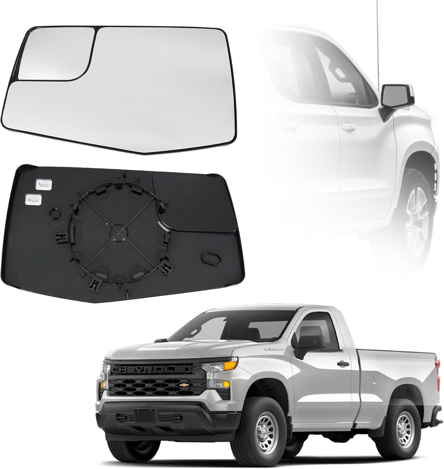 Driver Left Side Door Heated Mirror Glass with Rear Holder Convex Blind Spot Glass for Chevy Silverado 1500 and GMC Sierra 1500 2019-2024 Replace# GM1324159 84309708