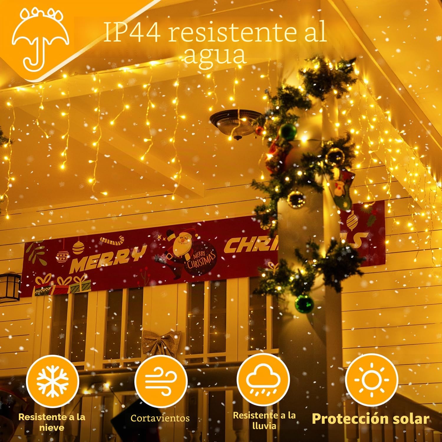 Ollny Guirnalda Luces Exterior 15M, 594 LED Cortina de Luces 8 Modos Impermeable Cascada Luces Decoración de Interiores y Exteriores para Navidad, Fiestas Jardín Balcon Ventana (Blanco Cálido)