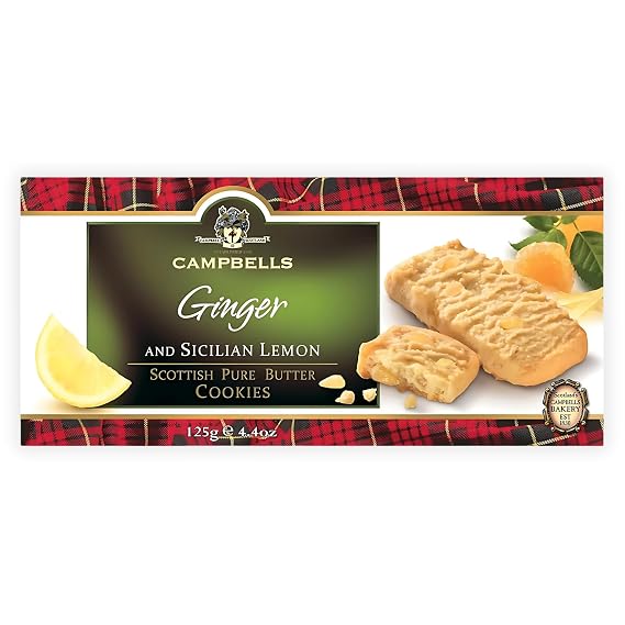 Campbells Shortbread with Stem Ginger & Sicilian Lemon 4.41 Oz (125g) - Pure Butter Scottish Shortbread Cookies from Scotland, Ginger Lemon Cookies, Gourmet British Tea Biscuits & Gift Box