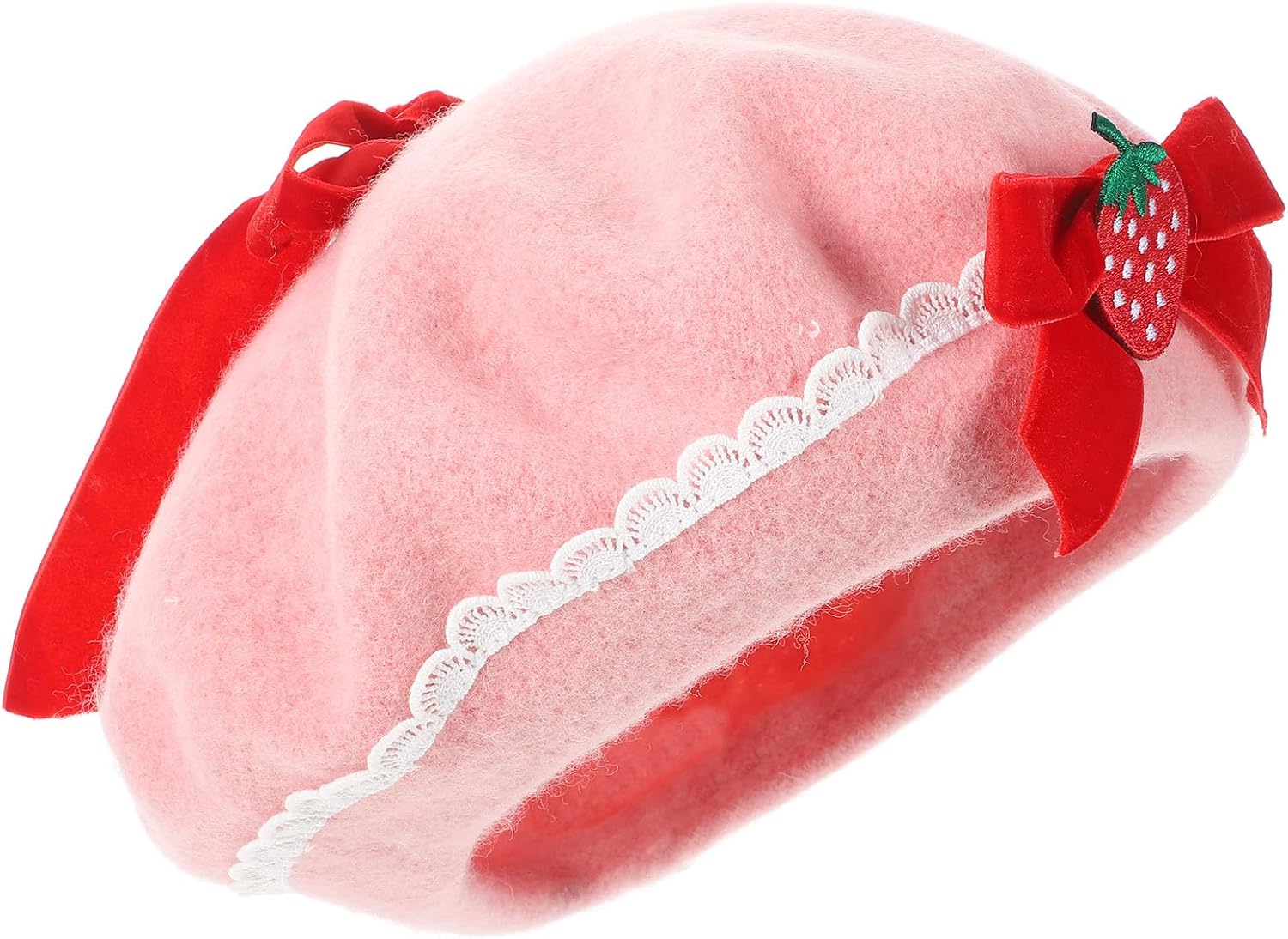 Garneck Women Strawberry Bow Beret Hats Pink Woolen French Beanies Cute and Warm Strawberry Costume Beret for Girls Christmas Holiday Fashion Outfits Accessory - Image 9