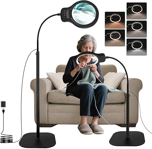 Lupa de 10 x 30 veces con luz y soporte, lupa de piso grande para trabajo cercano, 5 modos de color, lámpara de aumento manos libres para leer,