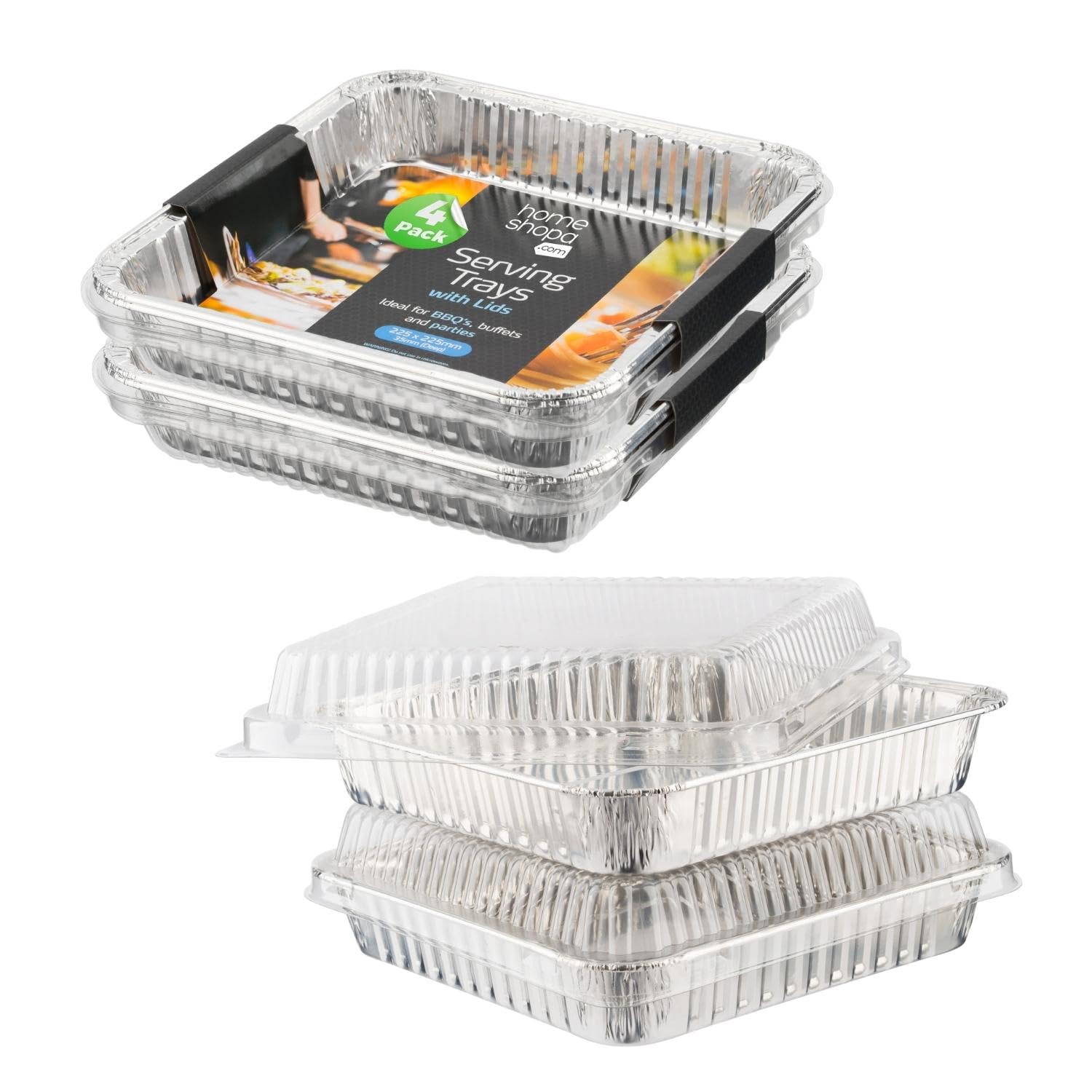 HOMESHOPA Aluminium Foil Food Storage Containers with Plastic Lids, 4 Pack Square Disposable Meal Prep Takeaway Foil Tray, Reusable Tin Foil for Cooking, Baking, Roasting Broiling, Serving