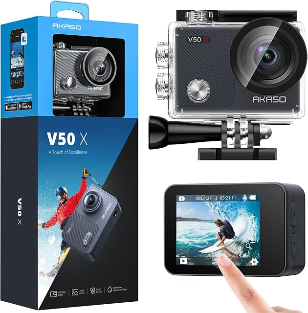 AKASO V50X Native 4K30fps 20MP WiFi Caméra d'action avec EIS Toucher l'écran, 4X Zoom, 131 pieds Caméra sous-marine étanche, caméra de sport à télécommande avec kit d'accessoires compatibles Gopro
