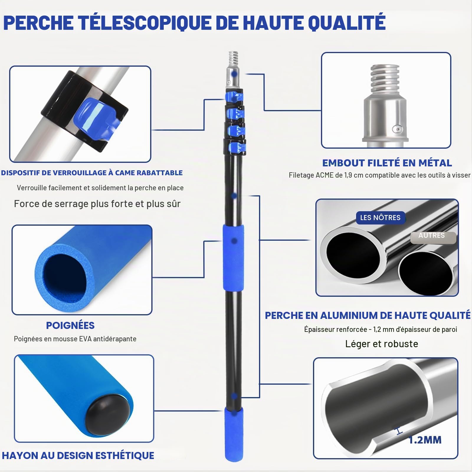 Barre Télescopique 6 m, Perche d’Extension Réglable 1.5-6 m, Légère avec Adaptateur Universel en Métal Twist-on, Idéale pour Peinture, Nettoyage Fenêtres et Gouttières