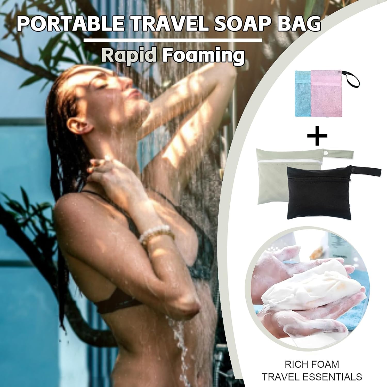 2 Pcs Travel Soap Bag, Travel Soap Case Leakproof & Waterproof, Quick Dry Bar Soap Pouch Travel Soap Container with 2 Pcs Foaming Nets, Portable Soap Bags for Shower Travel Camping - Black & Grey