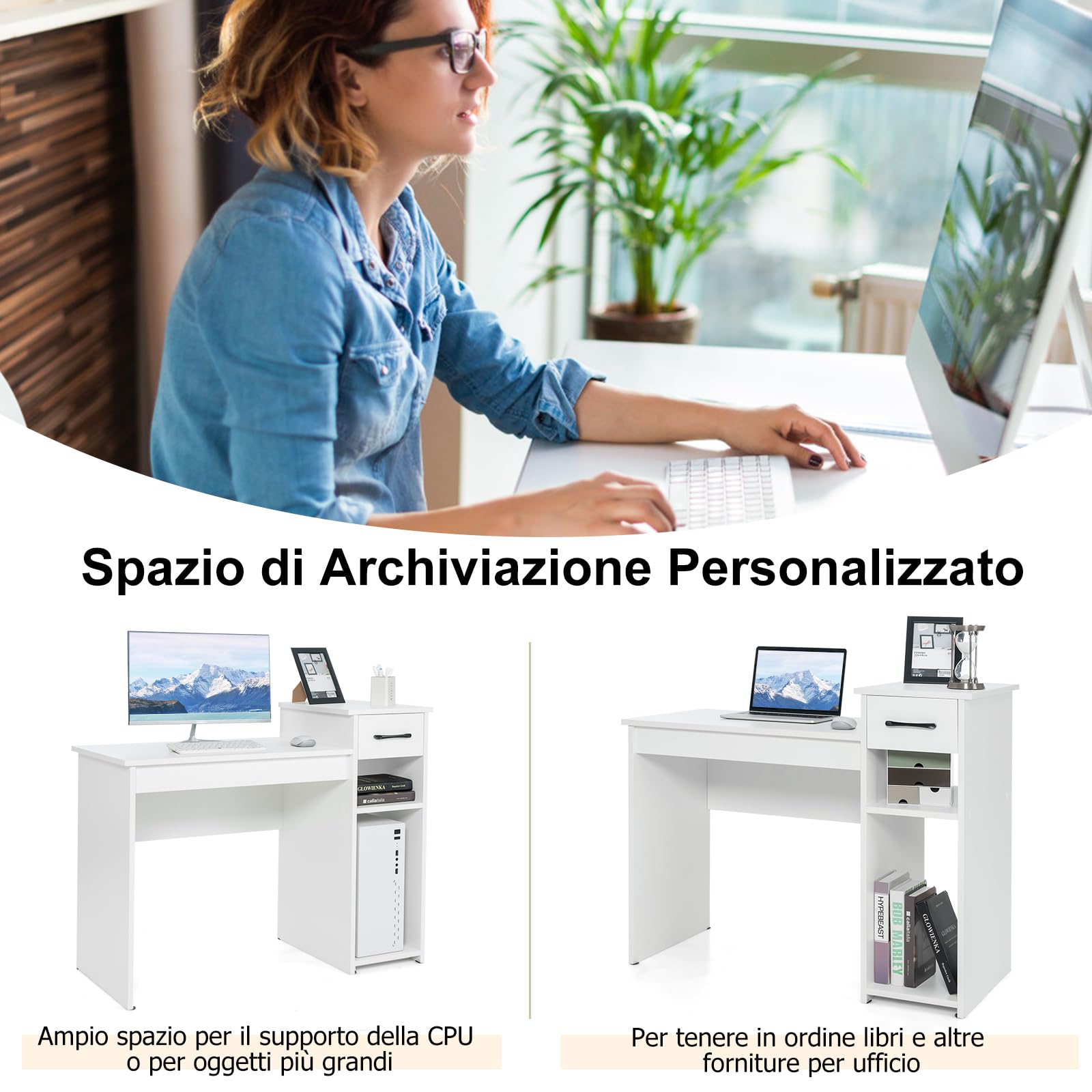 COSTWAY Scrivania con Cassetto, Scrivania da Computer, Tavolo da ufficio, 104 x 50 x 82cm (Bianco)