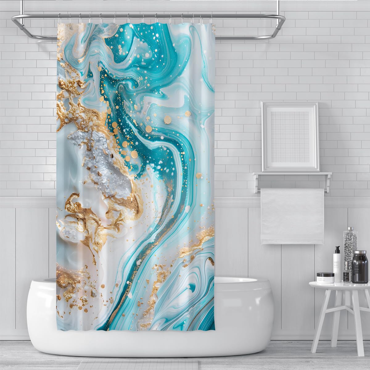 Rideau de douche salle de bain marbre coquillage turquoise W180xL180 cm