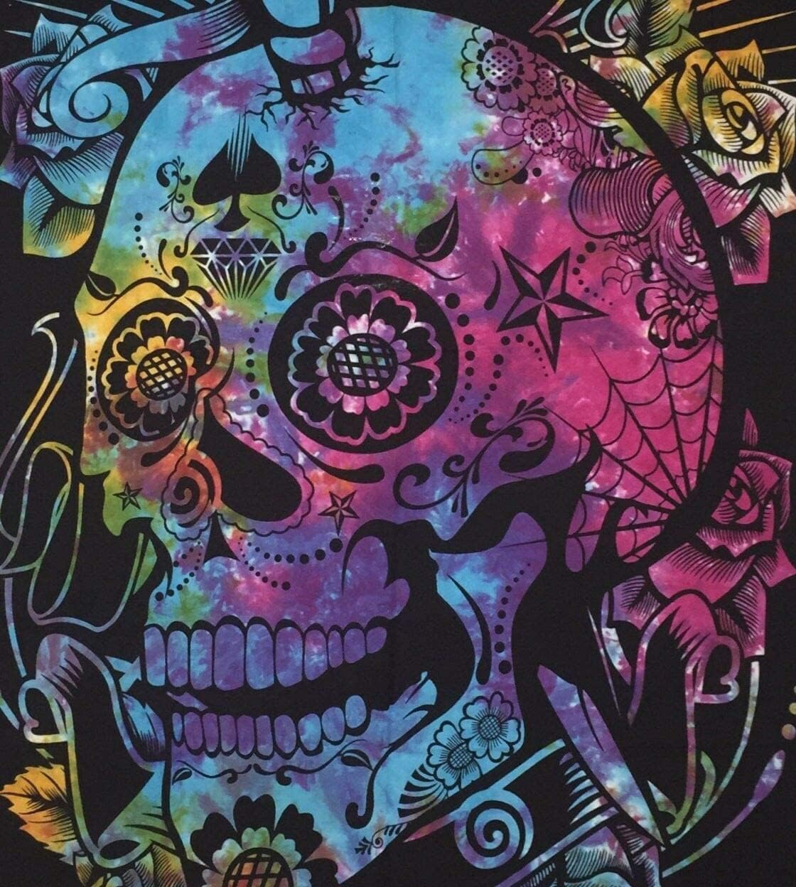 AVA Collections Tie Dye Multicoloured Dead Skull Wall Hanging Psychedelic Tapestries Indian Cotton Poster Boho Bohemian Decor Wall Art Hippie Bedroom Décor 102x76 cm (Multicolour - Image 2