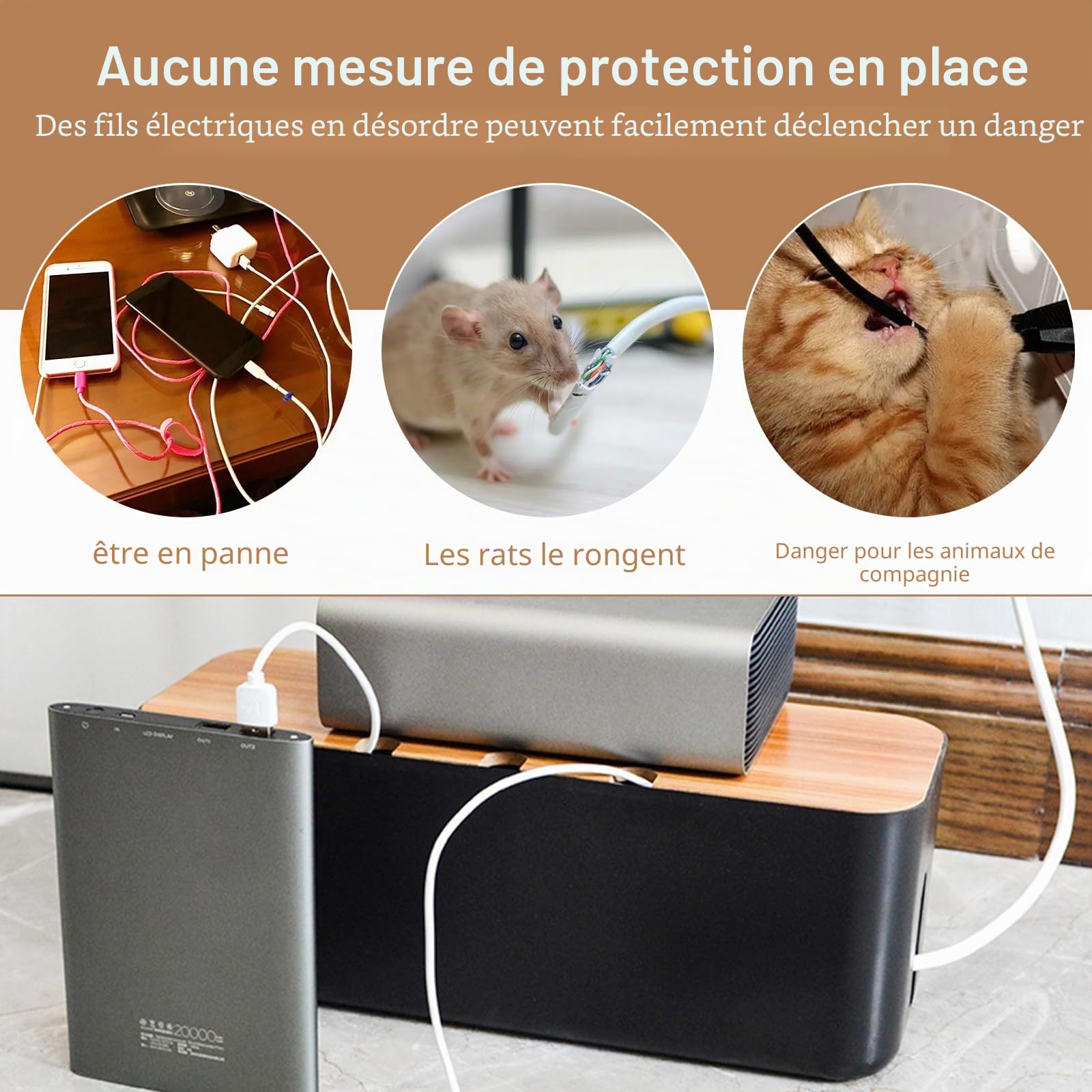 Grande boîte de rangement de câbles noire avec couvercle en bois pour cacher les câbles, multiprises pour téléviseurs, bureaux, maison, bureau