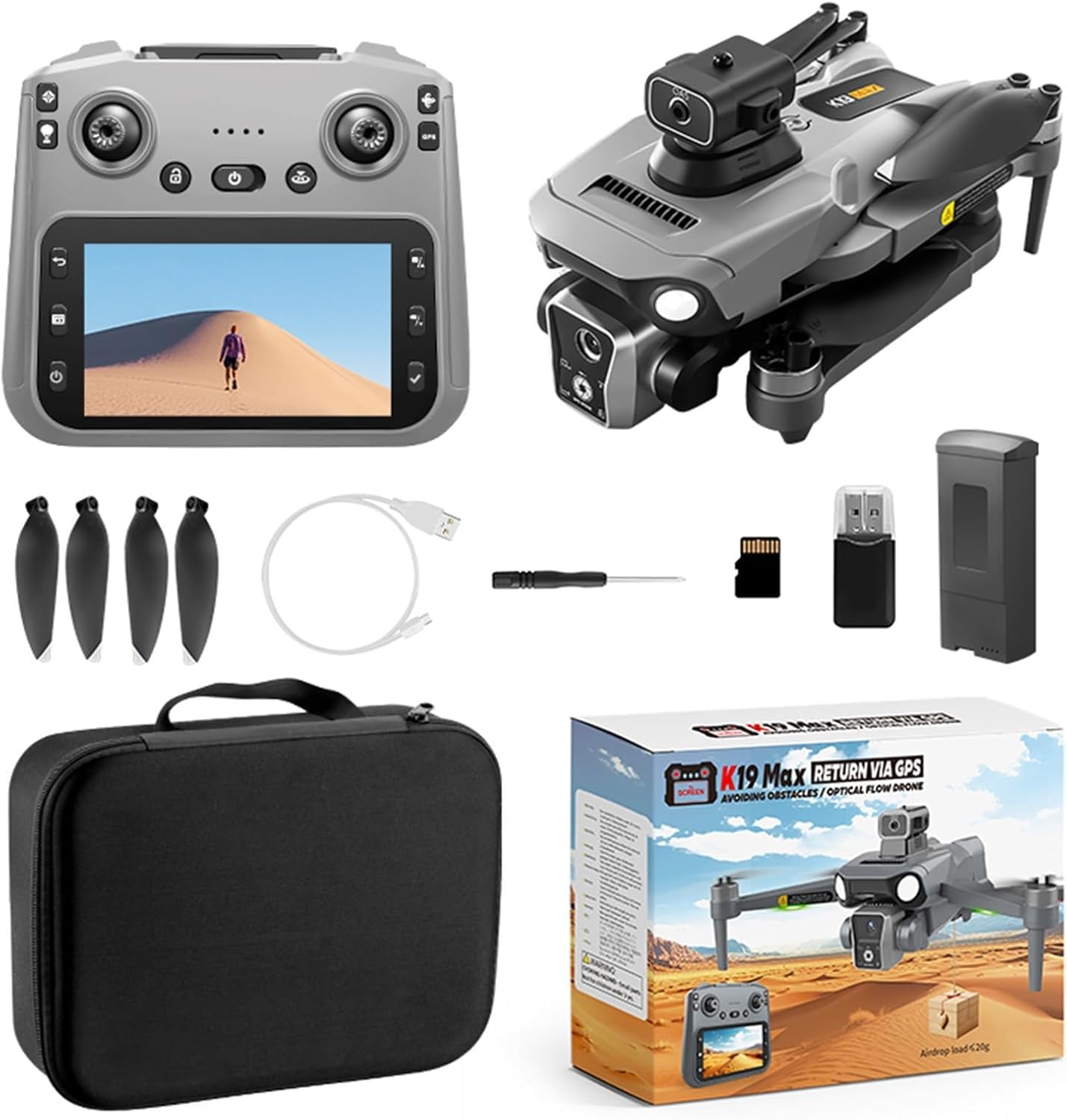 K19 Max GPS Drone with HD Camera, Optical Flow Positioning, Carrying Case, Spare Propellers, Grey