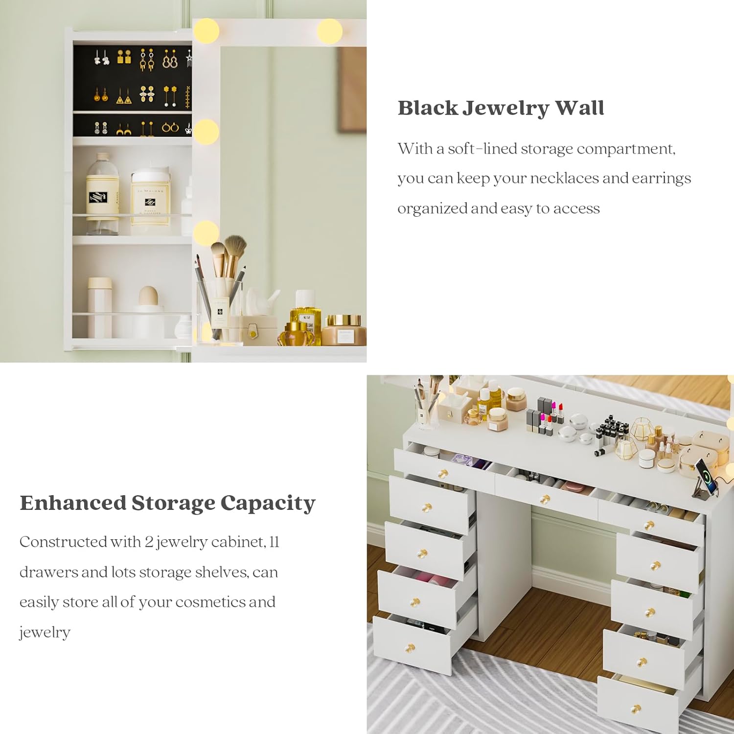 Makeup Vanity Desk with Mirror and Lights, White Vanity with Hidden Jewelry Storage Cabinet, Makeup Dressing Table for Bedroom with 11 Drawers, Crystal Knobs, 3 Lighting Modes for Women Girls