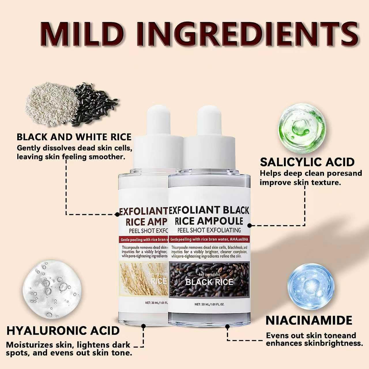 2PCS Rice Exfoliating Ampoule Set, Black & White Rice Peel Shot Glow Rice Ampoule Duo, Gentle Peel + Pore Minimizing & Deep Hydration for All Skin Types