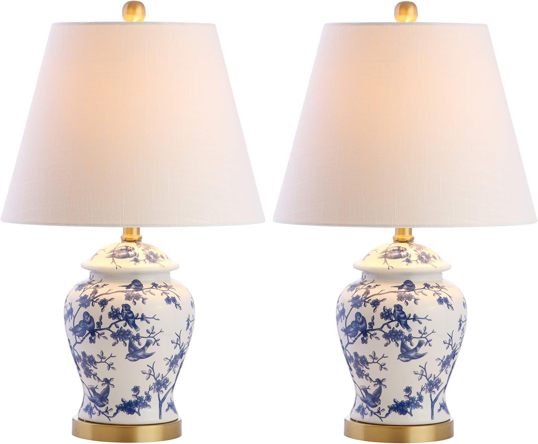 22" Blue/White Ceramic Table Lamp, French Country Chinoiserie Ginger Jar LED Bedside Lamp for Living Room Bedroom, White Linen Shade (JYL3005A-SET2)