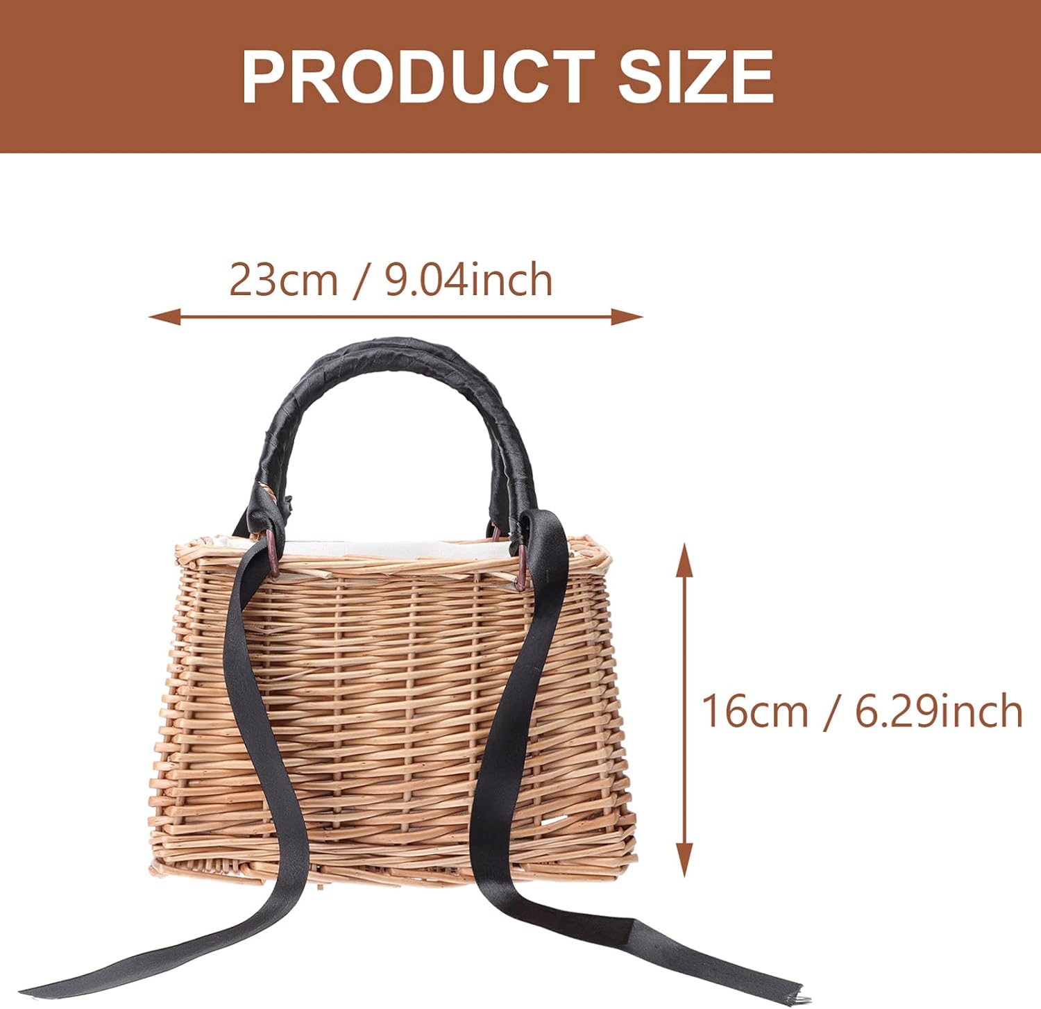 Cabilock Wicker Rattan Flower Girl Basket with Black Ribbon for Weddings,Boho Handbag with Waterproof Lining Tote with Handle for Garden Home Decor Outdoor Picnic