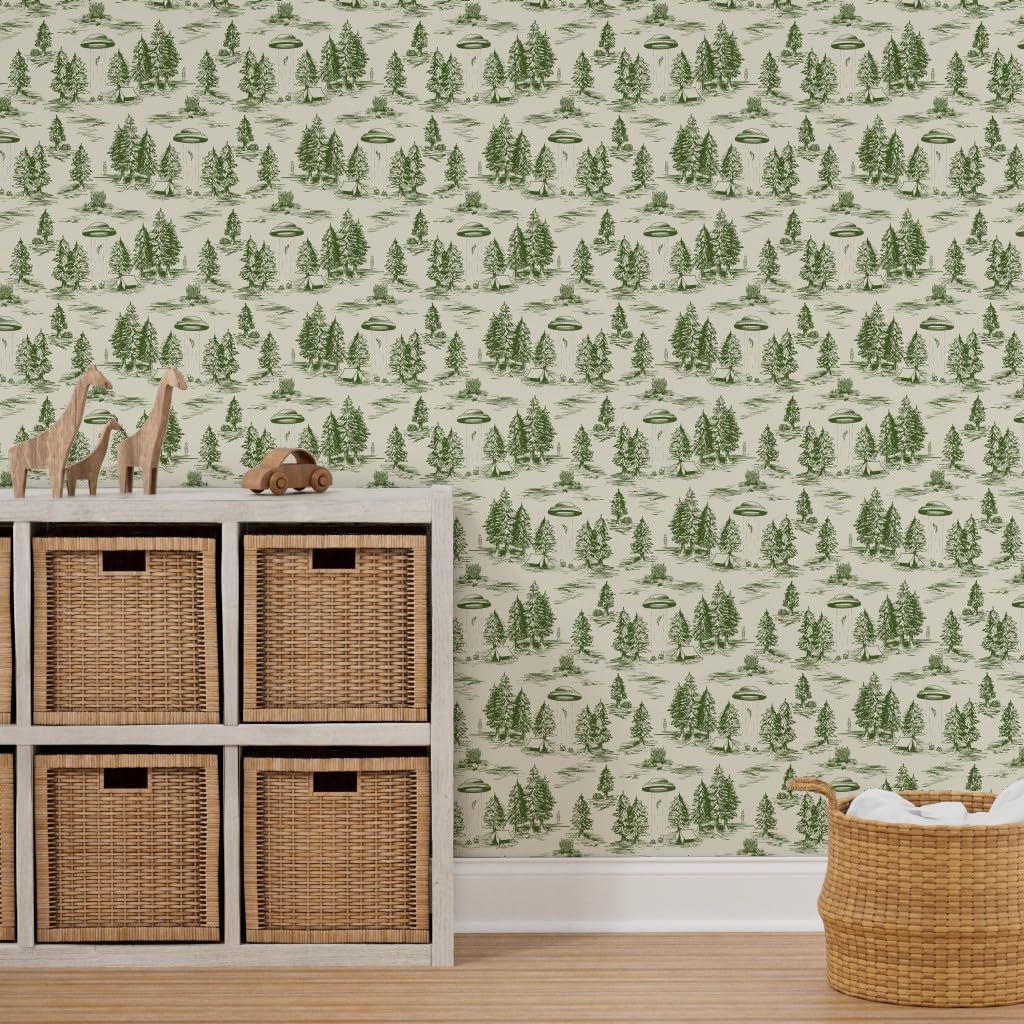 Spoonflower Peel & Stick Wallpaper 3ft x 2ft - Small Scale Green Toile De Pattern Whimsical Funny Custom Removable Wallpaper