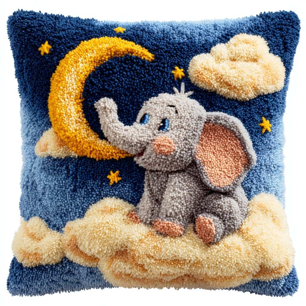 Taxpy Latch Hook Pillow Case Embroidery Kits, Elephant and Moon DIY Needlework Latch Hook Cushion Cover Kits,Sofa Cushion Cover,17x17inch