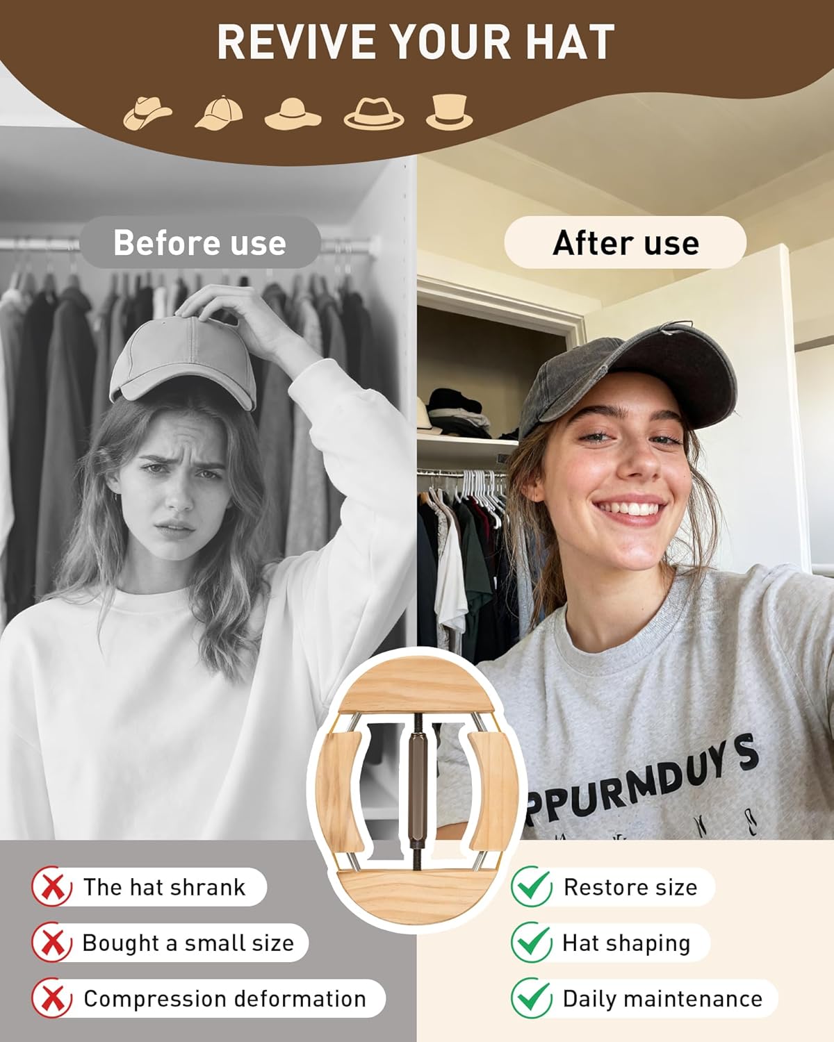 4-Way Adjustable Hat Stretcher & Jack - Resizer for Cowboy, Baseball, Peak and Fitted Caps - Tool to Shape, Stretch and Maintain Your Hats (Fits Size 6 7/8 to 8) Khaki - Image 2