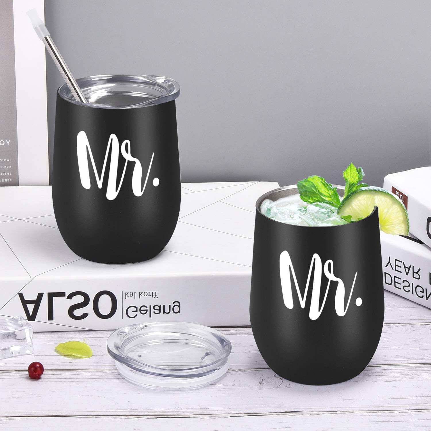 GINGPROUS 2 Pack Mr and Mr Wine Tumbler Set, Gay Couple Idea for Men, Engagement Wedding Anniversary House Warming LGBT Idea 12 Oz Insulated Stainless Steel Wine Tumbler with Lid, Black - Image 2