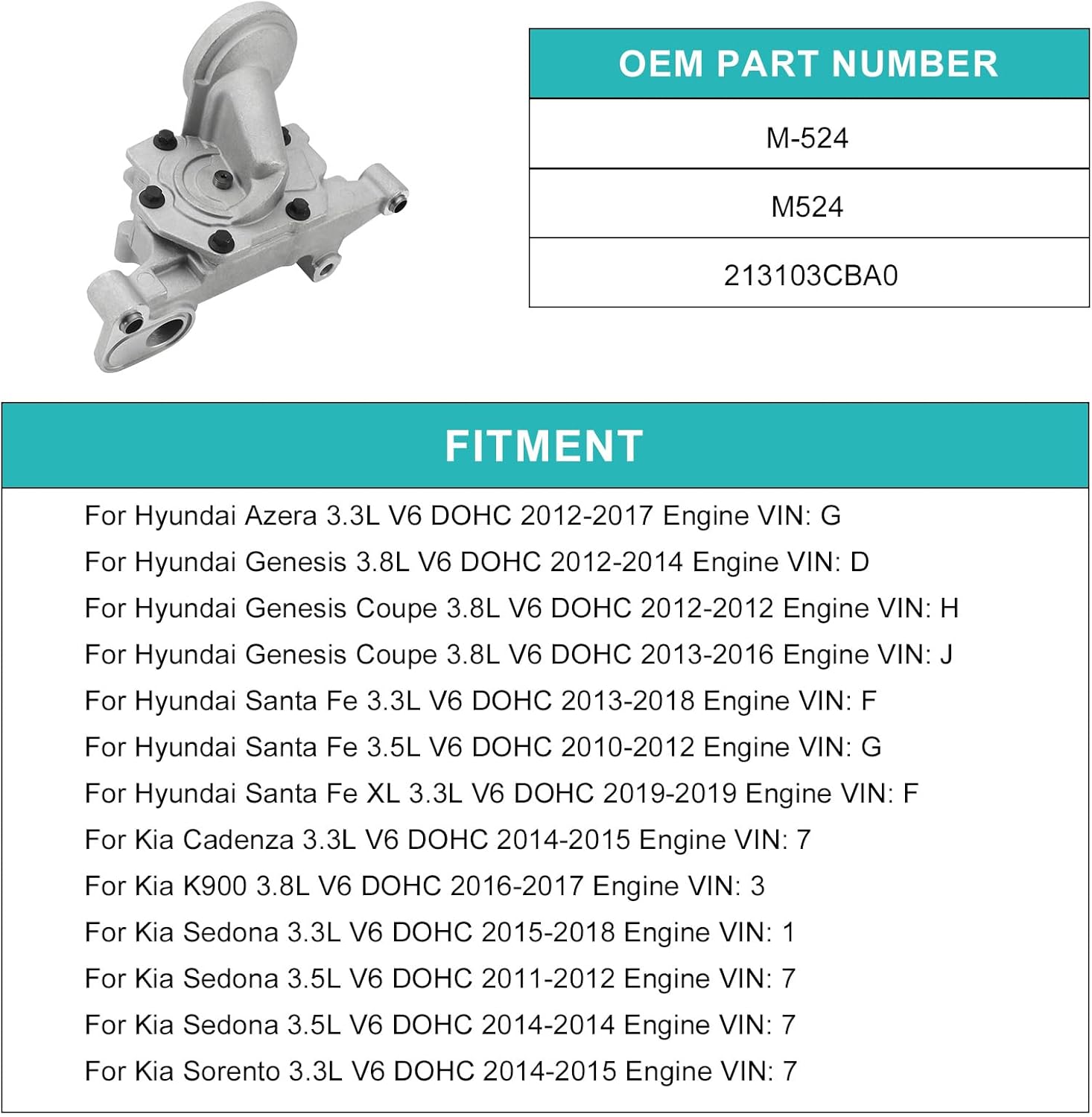 M524 213103CBA0 Oil Pump w/Seal Ring (3.3L 3.5L 3.8L) For Hyundai Azera Genesis Coupe Santa Fe XL,For Kia Cadenza K900 Sedona Sorento