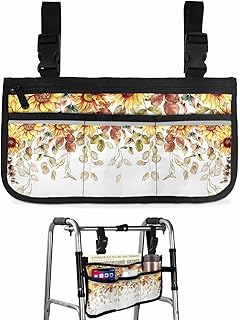 Fall Eucalyptus Leaves Wheelchair Side Bag Walker Bag, Autumn Sunflower Watercolor Botanical Wheelchair Accessories Armrest Pouch, Organizer Storage Bag for Walkers, Rollators, 7.3'x13'