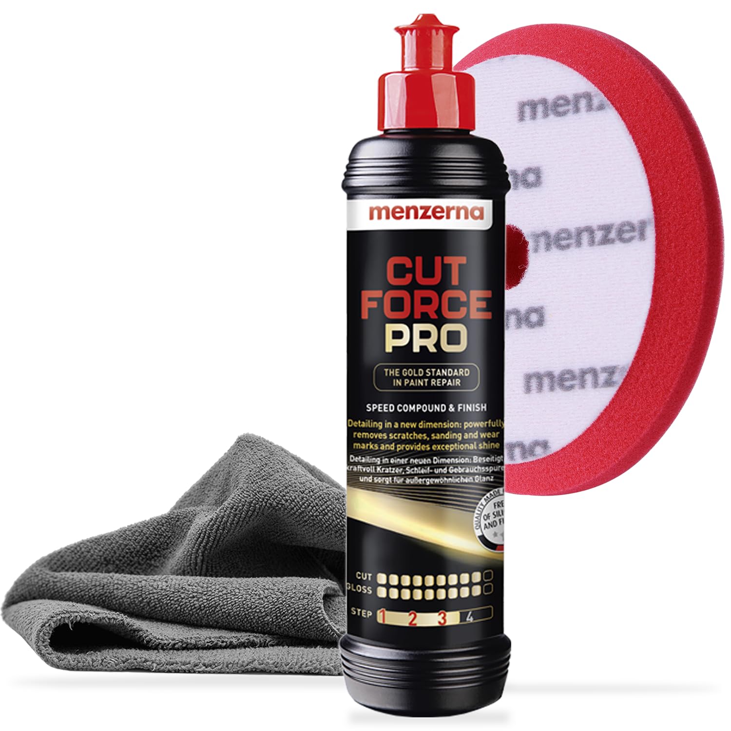 Menzerna Cut Force Pro Auto Politur Set 250ml 3in1 |All in One Autopolitur zum Kratzer entfernen| Profi One Step Polierpaste Schleifpaste für alle Lackarten + Heavy Cut Polierpad + Poliertuch 380GSM