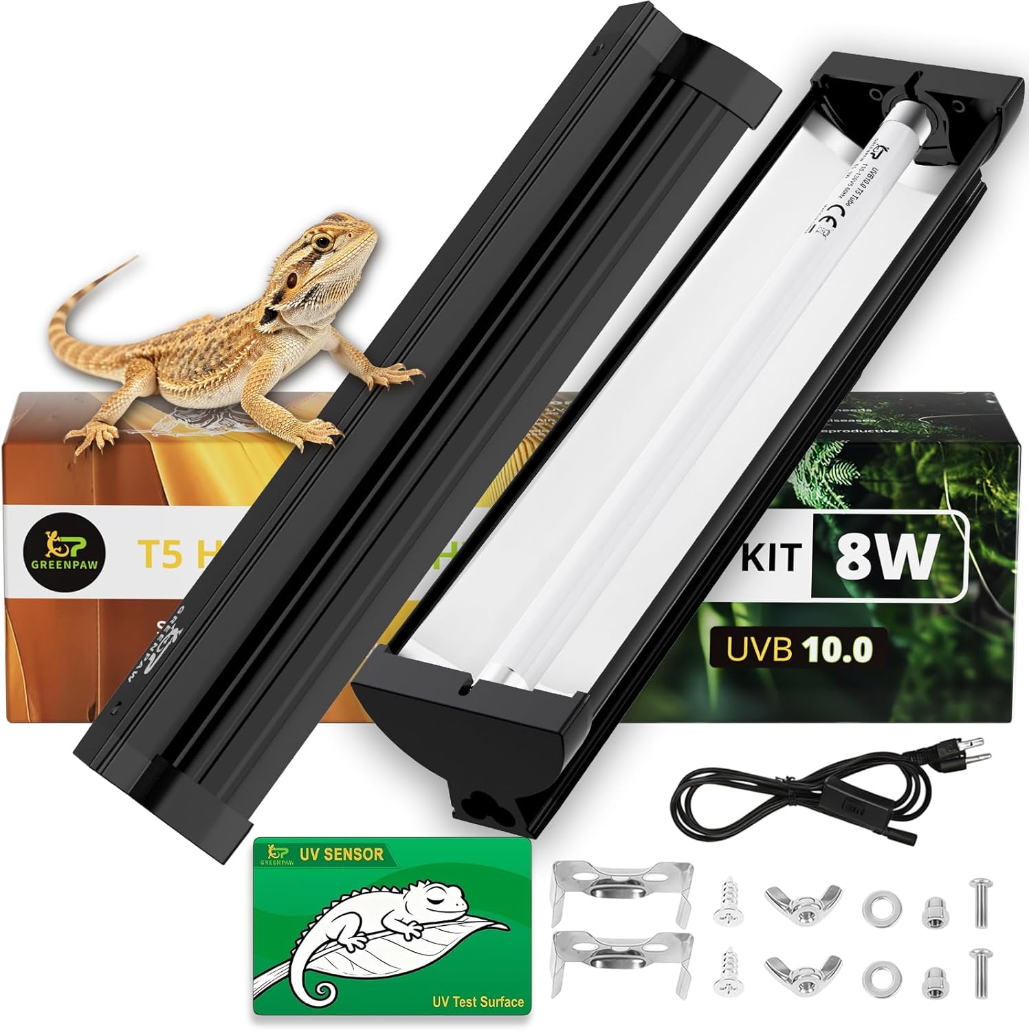 T5 UVB Reptile Light Fixture Combo Kit 8W: 10.0 HO UVB Light for Reptiles Terrarium Hood Comes with UVB Lamp, 12'' Linear UVB Light Bar for Desert Bearded Dragon,Turtle,Gecko - UV Sensor Test Card