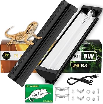 T5 UVB Reptile Light Fixture Combo Kit 8W 10.0 HO UVB Light for Reptiles Terrarium Hood with UVB Lamp, 12 Linear UVB Light Bar for Desert Bearded Dragon,Turtle,Gecko - UV Sensor Test Card