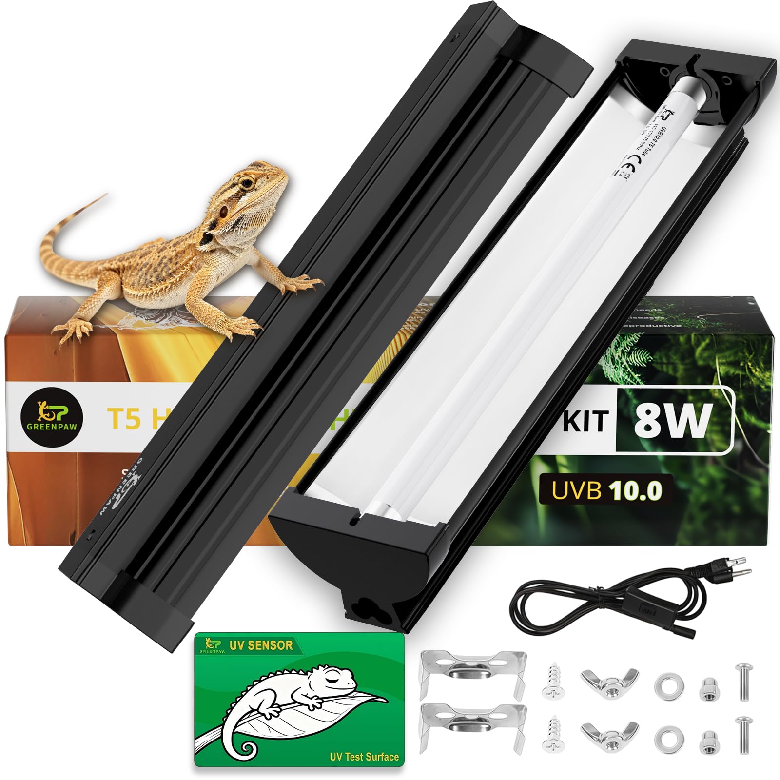 T5 UVB Reptile Light Fixture Combo Kit 8W: 10.0 HO UVB Light for Reptiles Terrarium Hood Comes with UVB Lamp, 12'' Linear UVB Light Bar for Desert Bearded Dragon,Turtle,Gecko - UV Sensor Test Card