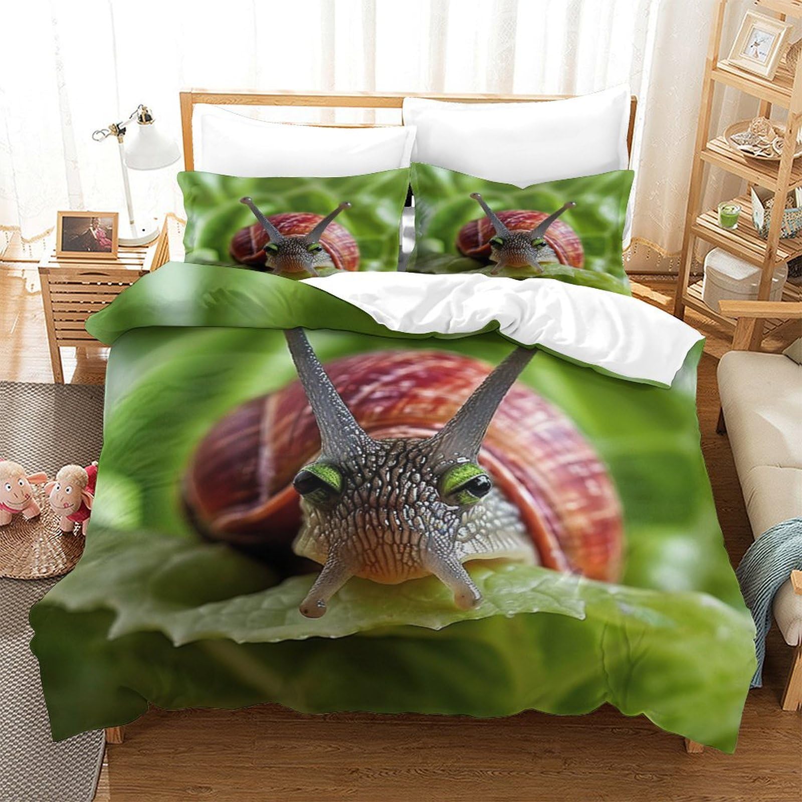 P1S9U7W5Y Nature Green 3D Printed Snail Pattern 3pcs Microfiber Duvet Cover Set, Soft Botanical Snail Bedding Set Double（200x200cm）