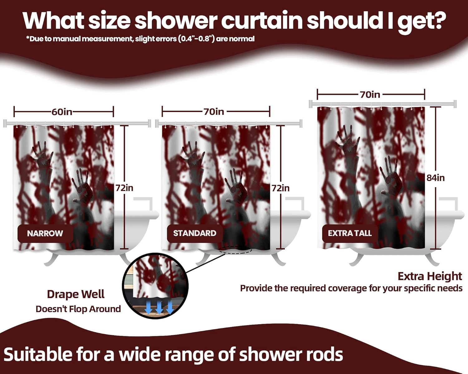 Horror Movie Halloween Bloody Shower Curtain Halloween Theme, Spooky Gothic Bloody Pattern, Scary Goth Haunted Mansion Bathroom Curtain Set, Decorative Waterproof Fabric (70''W x 72''L)