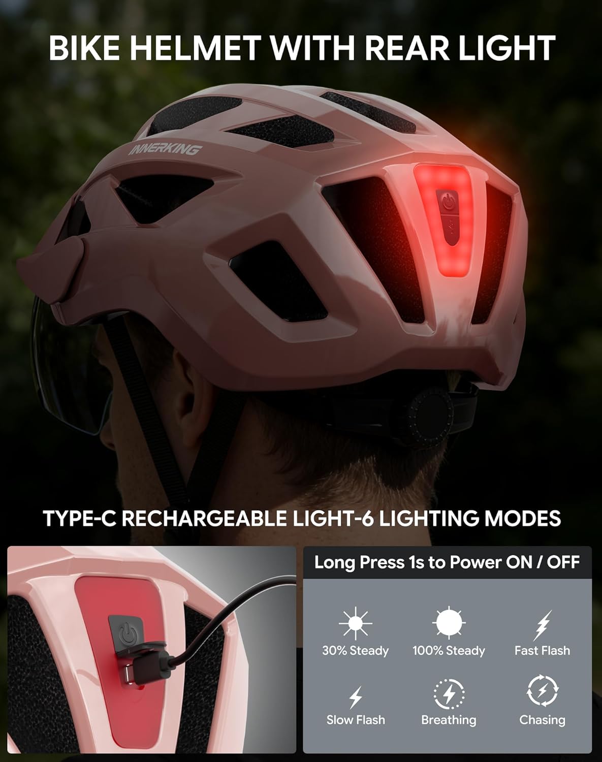 InnerKing Bike Helmet for Adults, Lightweight Mountain Bicycle Helmet with USB Rechargeable Rear Light Detachable Magnetic Goggles, Road Bike Helmet with Visor for Men Women