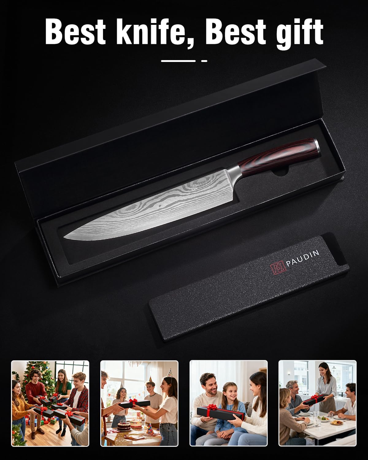 PAUDIN Chef Knife, 9 Inch High Carbon Stainless Steel Sharp Kitchen Knife with Sheath, Pakkawood Handle, Gift Box for Vegetables and Meat