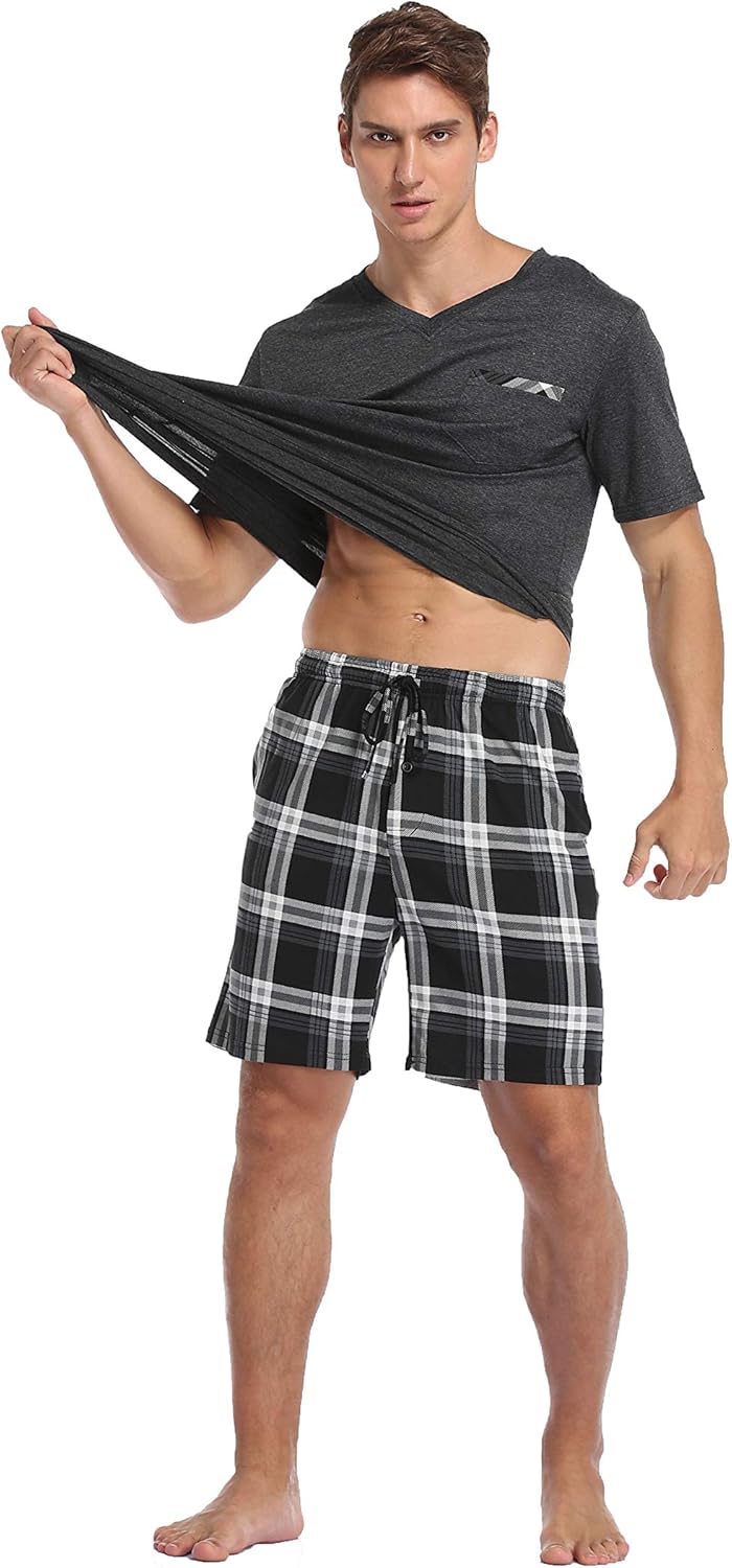 Vlazom Men's Pajama Sets Soft 2 Piece Pj's Set Short Sleeve Cotton Top and Plaid Pants for Loungewear Sleepwear with Pockets - Image 7