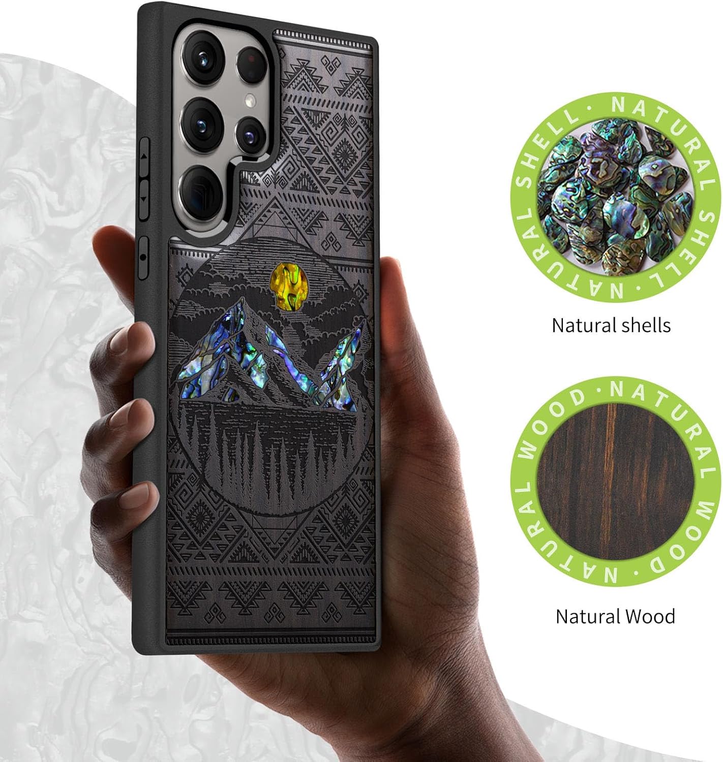 Carveit Designer Wooden Case for Samsung Galaxy S24 Ultra Case [Wood Engraving & Shell Inlay] Compatible with Wireless Chargers S24 Ultra Cover (Aztec Style Alpine Lakes-Blackwood)