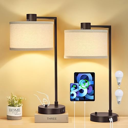 Luvkczc Lámpara de Mesa para Dormitorio Juego de 2 con Puertos USB C+A - Lámpara de Noche Totalmente Regulable Sin Escalones con Pantalla de Lino -