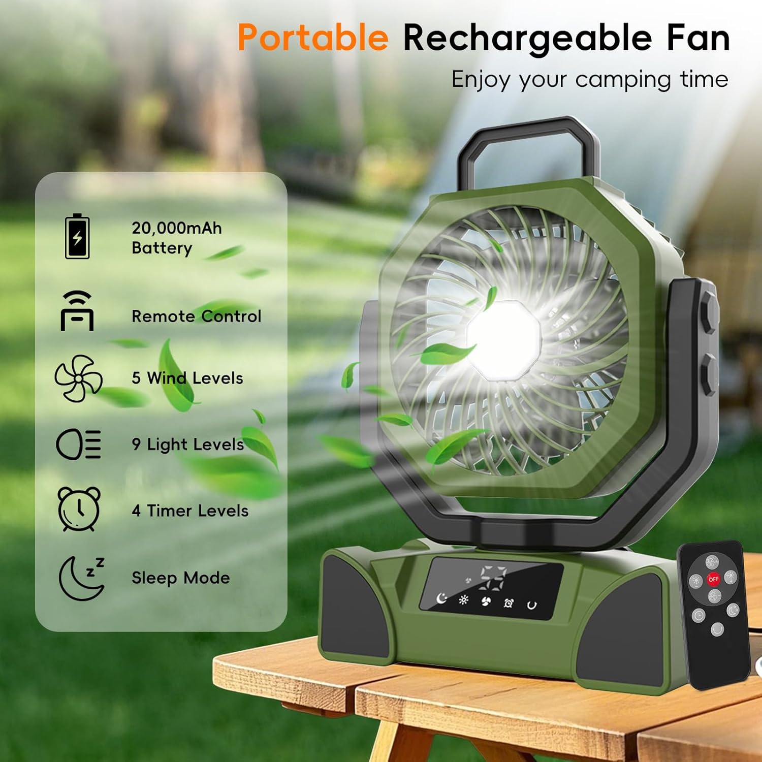 20000mAh Portable Camping Fan, Rechargeable Battery Powered Fan with Remote Control & Oscillating, LED Display, Light, Timer, Rotation, Hanging Hook for Outdoor Camp, Beach, Travel Tent - Image 2