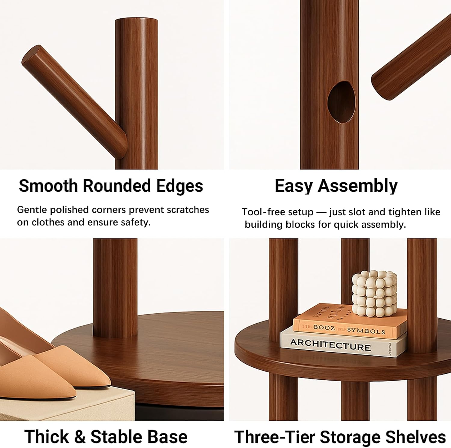 Rotating Solid Wood Coat Rack with Shelves, 360° Freestanding Tree Hall Tree for Entryway, Bedroom, or Office – Modern Space-Saving Organizer, Walnut