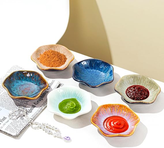 6X Kiln-Transformed Glaze Ceramic Sauce Dishes Dip Bowls Mini Bowl Set Dish Tableware Sushi Soy Dishes for Snack Appetizer Dessert Flower-Shaped