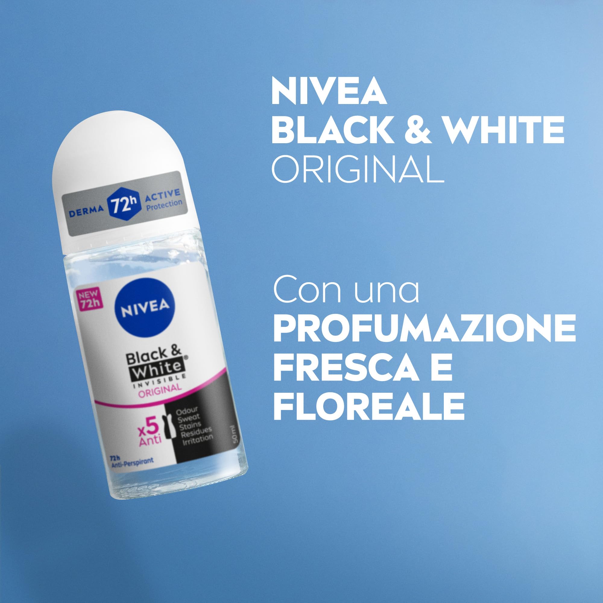 NIVEA Black & White Invisible Original Roll-on 6 x 50 ml Déodorant Femme Efficace 72h Déodorant Roll on Anti-transpirant pour Odeurs, Sueur, Résidus, Irritations et Taches sur Tissus Clair et Foncé