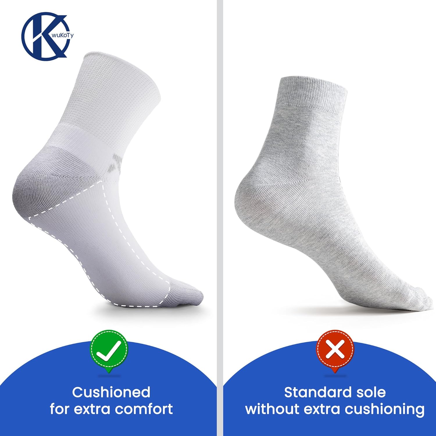Diabetic Toe Socks Cushioned Sole, Combed Cotton, Daily Wear & Sports, 4-Pack Quarter Men's 6-12 Women's 7-13