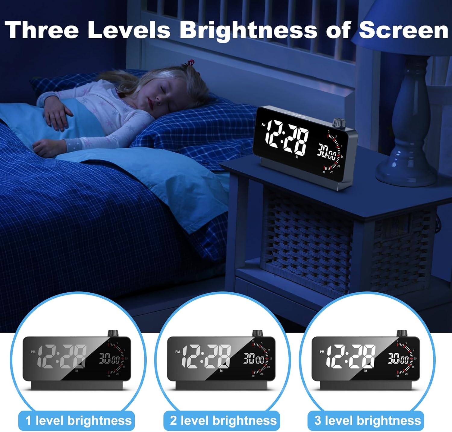 Decknest Digital Alarm Clock with a child drawing, highlighting the large LED screen display.