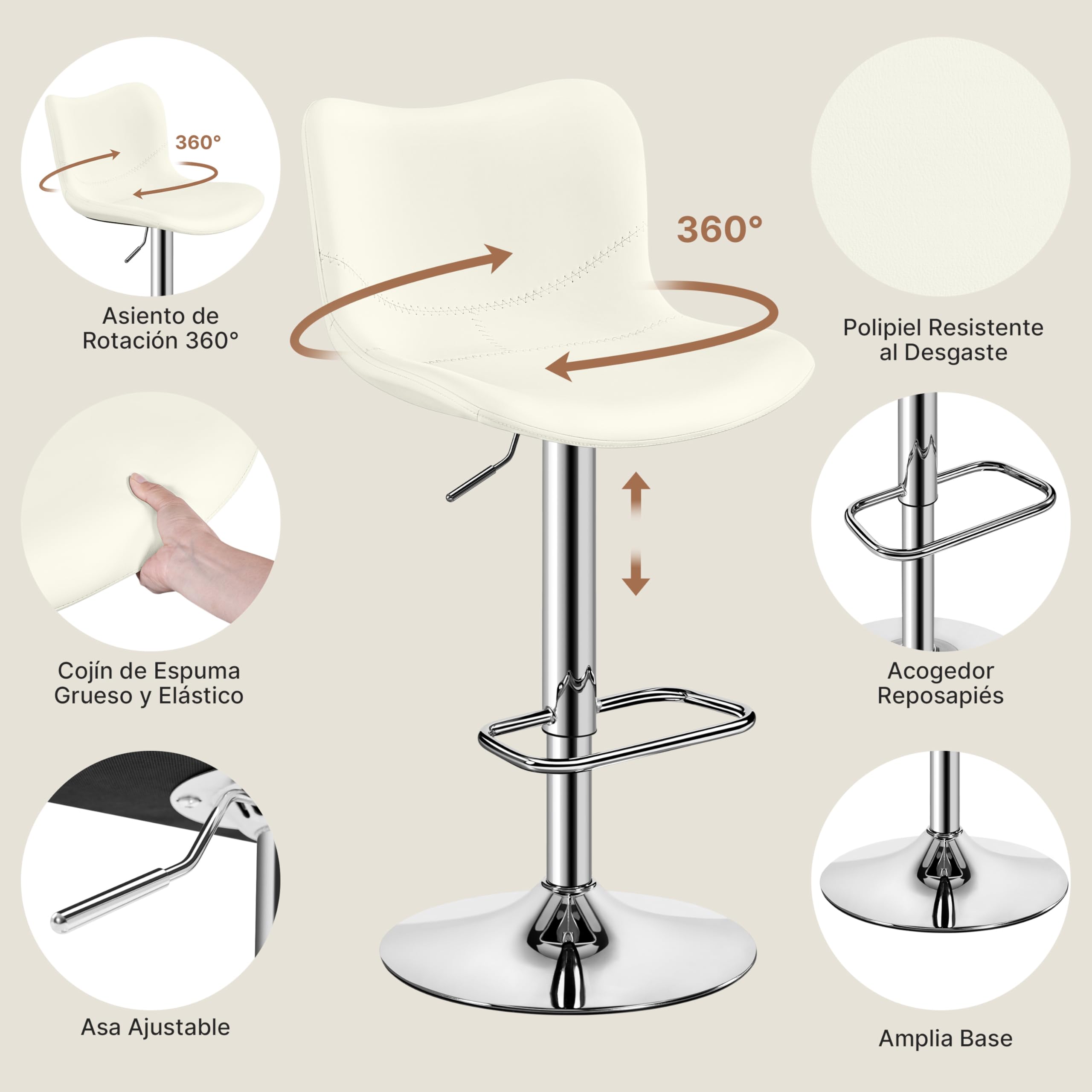 Yaheetech Juego de 2 Taburetes de Bar, Silla de Polipiel sin Reposabrazos | Sillas Giratorias con Respaldo Reposapiés Altura Ajustable Blanco