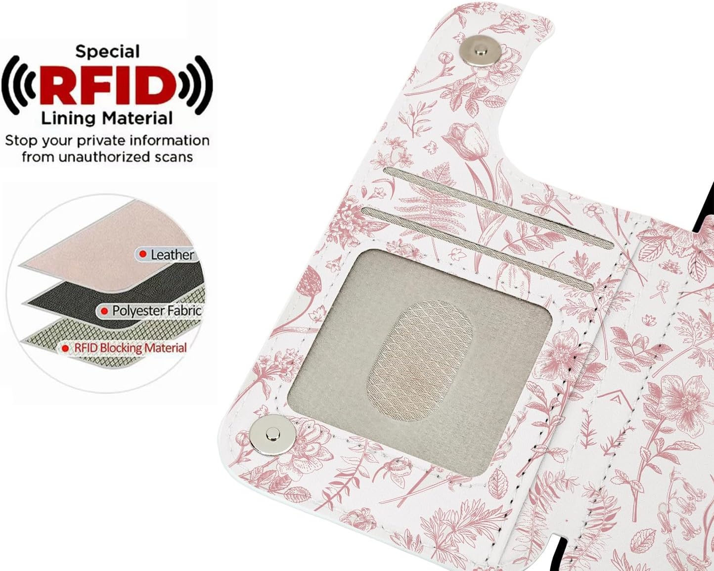 uCOLOR for iPhone 15 Pro Wallet Case with Card Holder Slot【Compatible with MagSafe】 Folio Flip PU Leather RFID Blocking Design with Camera Lens Protector (Nude Flowers, iPhone 15 Pro 6.1") - Image 3